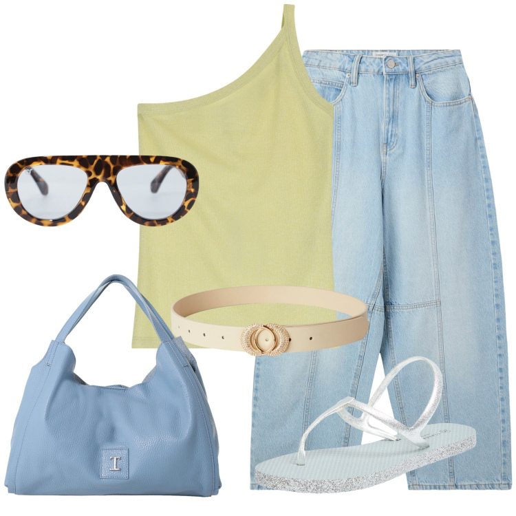Outfit donna - Total look #2205079. Stile Casual per Tutti i giorni. Abbinamento con sandali, cinture, jeans, occhiali da sole, top, pochette.