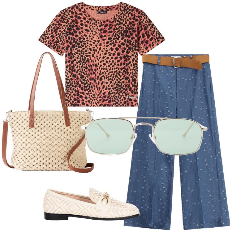 Outfit donna - Total look #2205081. Stile Bon Ton per Tutti i giorni. Abbinamento con borse a mano, mocassini, pantaloni, occhiali da sole, t-shirt.