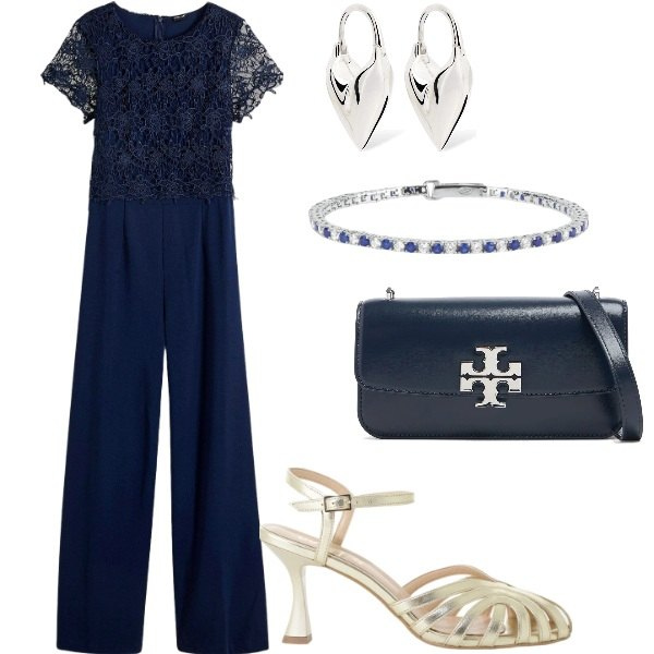 Outfit donna - Cerimonia tra intimi. Stile Glamour per Serata fuori. Abbinamento con tute, braccialetti, sandali col tacco, borse a spalla, orecchini.
