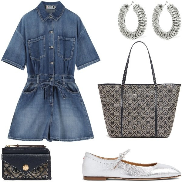 Outfit donna - Outifit di luglio. Stile Casual per Tutti i giorni. Abbinamento con tuta corta, ballerine, orecchini, shopping bag, portafogli.