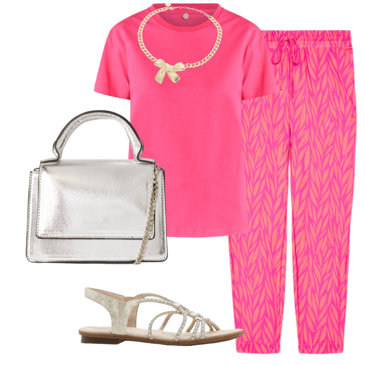 Outfit donna - Total look #2205091. Stile Bon Ton per Tutti i giorni. Abbinamento con sandali, borse a tracolla, t-shirt, collane, pantaloni.