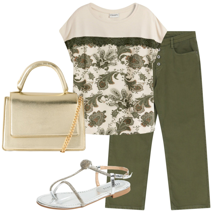 Outfit donna - Total look #2205093. Stile Casual per Tutti i giorni. Abbinamento con t-shirt, borse a tracolla, ciabatte, pantaloni.