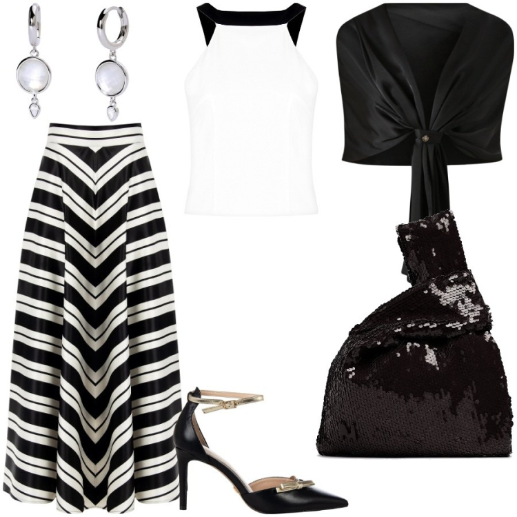 Outfit donna - La stagione dell\'amore. Stile Bon Ton per Cerimonia. Abbinamento con orecchini, scialli, décolleté, gonne, top, pochette.