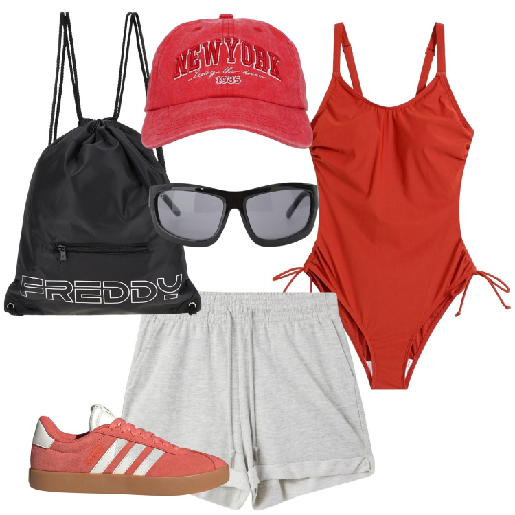 Outfit donna - Sport in spiggia. Stile Casual per Mare. Abbinamento con costumi interi, cappelli, shorts, occhiali da sole, zaini, sneakers.