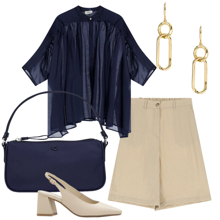 Outfit donna - Quasi in ferie. Stile Minimal per Ufficio. Abbinamento con décolleté, shorts, camicie, pochette, orecchini.