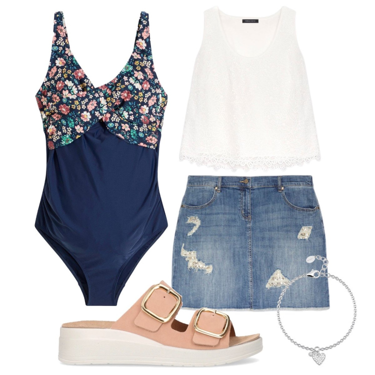 Outfit donna - Il costume intero romantico. Stile Bon Ton per Mare. Abbinamento con costumi interi, braccialetti con ciondoli, minigonne, ciabatte, top.