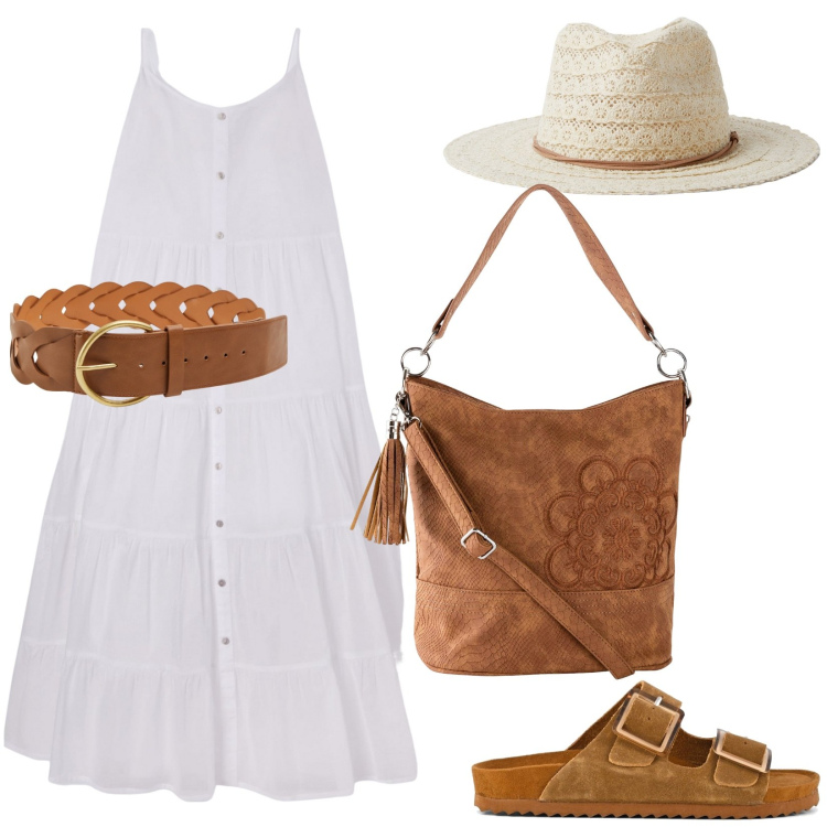 Outfit donna - Accessori cuoio. Stile Casual chic per Tutti i giorni. Abbinamento con borse a mano, vestiti lunghi, cinture, cappelli, sandali.