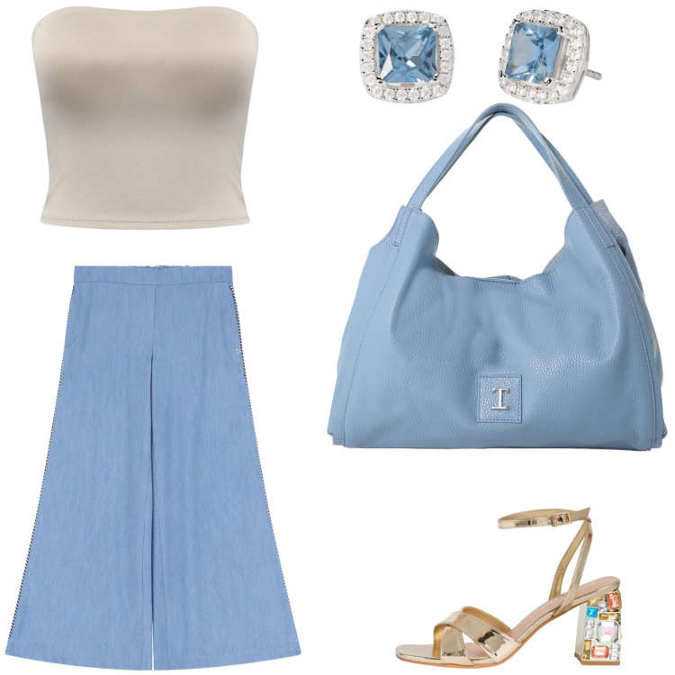 Outfit donna - Colori d\'estate. Stile Basic per Tutti i giorni. Abbinamento con top, sandali gioiello, orecchini, pantaloni a palazzo, pochette.