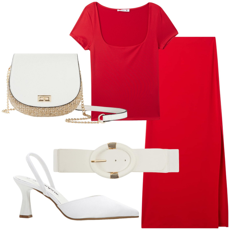 Outfit donna - Total look #2205115. Stile Bon Ton per Tutti i giorni. Abbinamento con décolleté, borse a tracolla, t-shirt, cinture, gonne lunghe.
