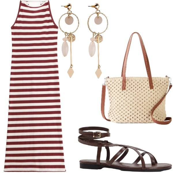Outfit donna - Outifit di luglio. Stile Casual per Tutti i giorni. Abbinamento con orecchini, sandali, borse a mano, vestiti lunghi.