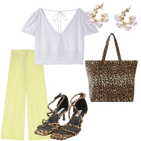 Outfit donna - Le serate di Luglio. Stile Casual per Tutti i giorni. Abbinamento con shopping bag, sandali col tacco, bluse, pantaloni, orecchini.