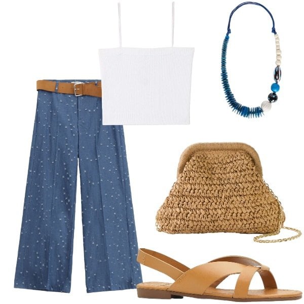 Outfit donna - Le serate di Luglio. Stile Casual chic per Serata fuori. Abbinamento con borse a tracolla, sandali, canottiere, pantaloni, collane.
