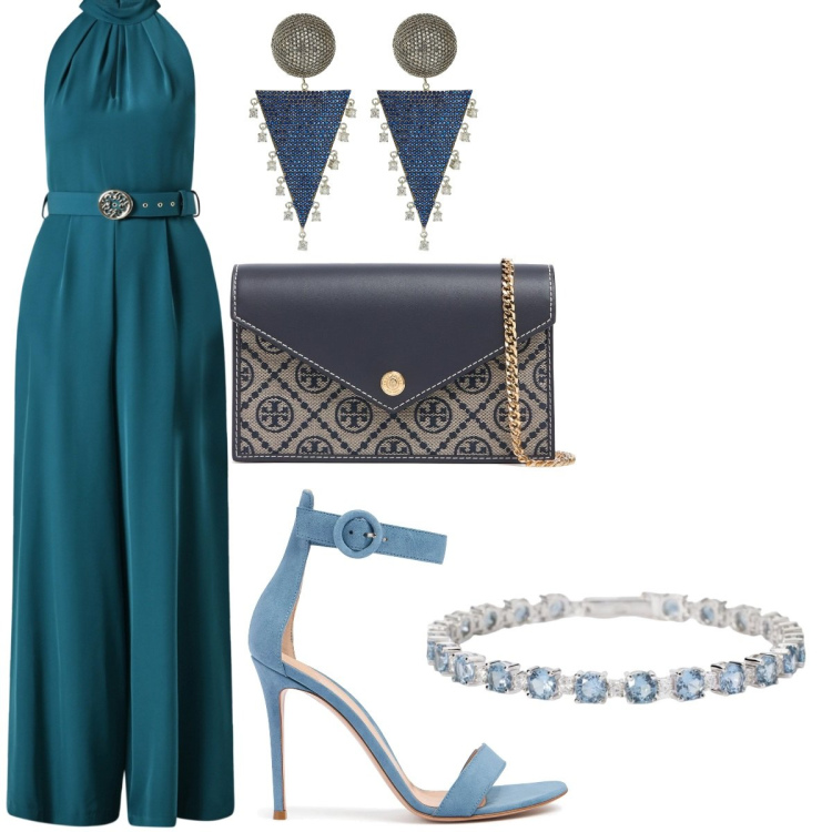 Outfit donna - Total look #2205130. Stile Chic per Cerimonia. Abbinamento con braccialetti, tute, orecchini, pochette, sandali in pelle.