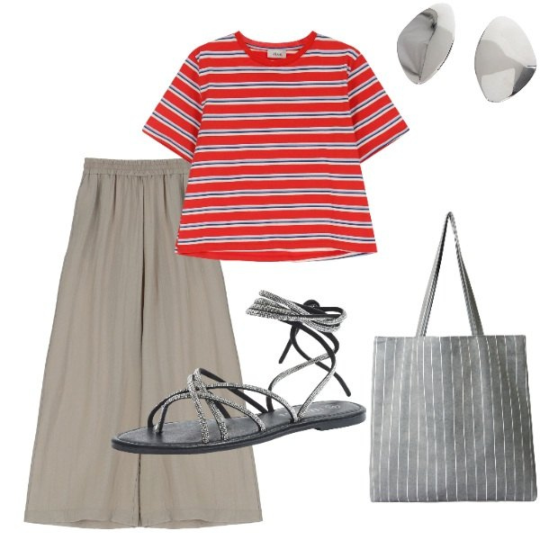 Outfit donna - Le serate di Luglio. Stile Casual chic per Tutti i giorni. Abbinamento con sandali alla schiava, shopping bag, pantaloni, t-shirt, orecchini.