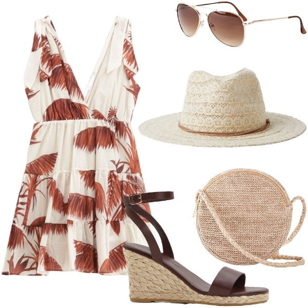 Outfit donna - Outifit di luglio. Stile Casual per Tutti i giorni. Abbinamento con sandali, occhiali da sole, borse a tracolla, cappelli, vestiti corti.