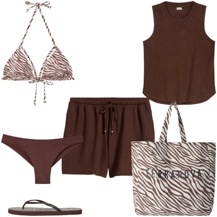 Outfit donna - Mare sapore di mare. Stile Casual per Mare. Abbinamento con shorts, bikini, borse tote, infradito, bikini, top.
