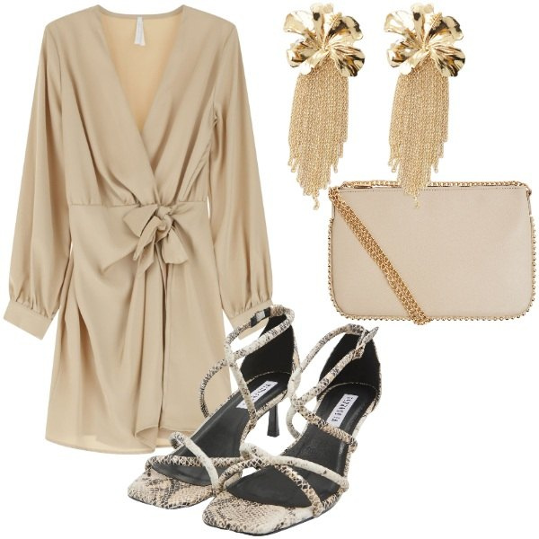 Outfit donna - A cena fuori. Stile Chic per Serata fuori. Abbinamento con borse a tracolla, sandali col tacco, vestiti corti, orecchini.
