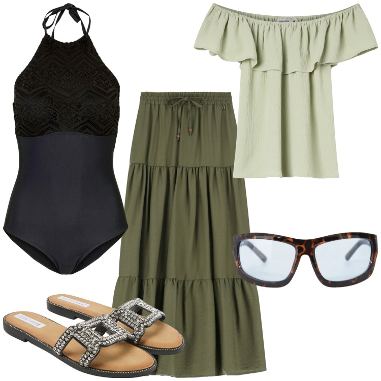 Outfit donna - Total look #2205147. Stile Boho per Mare. Abbinamento con costumi interi, ciabatte, bluse, occhiali da sole, gonne lunghe.