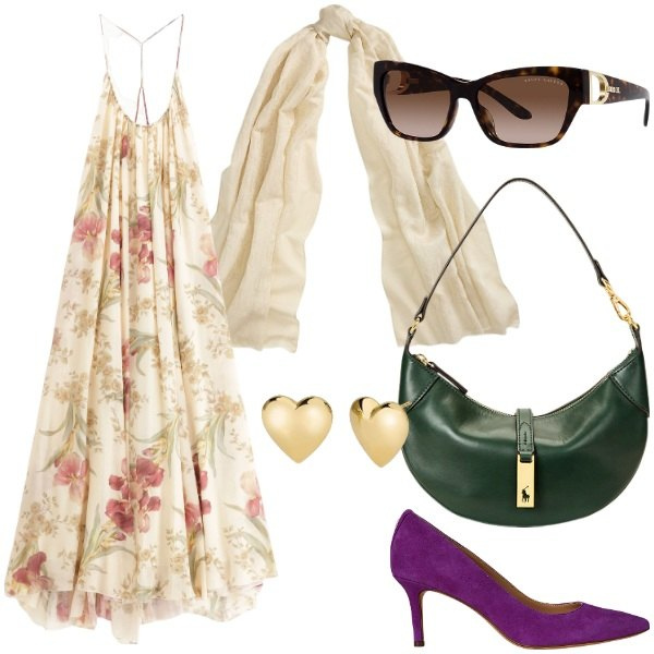 Outfit donna - Imperial Summer. Stile Casual chic per Tutti i giorni. Abbinamento con orecchini, vestiti lunghi, décolleté, borse a spalla, occhiali da sole, sciarpe.