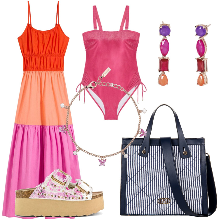 Outfit donna - Abito curvy da spiaggia. Stile Casual per Mare. Abbinamento con vestiti, braccialetti, orecchini, shopping bag, sandali, costumi interi.