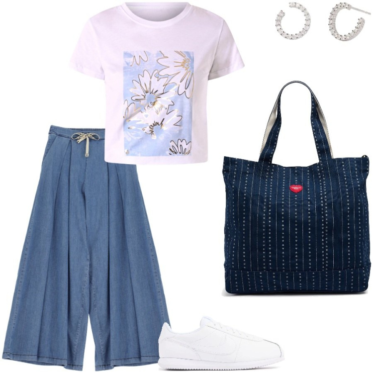 Outfit donna - Passeggiate pomeridiane. Stile Casual per Tutti i giorni. Abbinamento con jeans, orecchini, t-shirt, sneakers, borse tote.