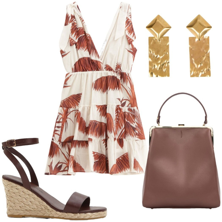 Outfit donna - Luglio in città. Stile Chic per Serata fuori. Abbinamento con sandali, vestiti corti, borse a spalla, orecchini.