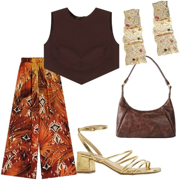 Outfit donna - Le serate di Luglio. Stile Casual chic per Serata fuori. Abbinamento con borse a mano, sandali col tacco, top, pantaloni a palazzo, orecchini.