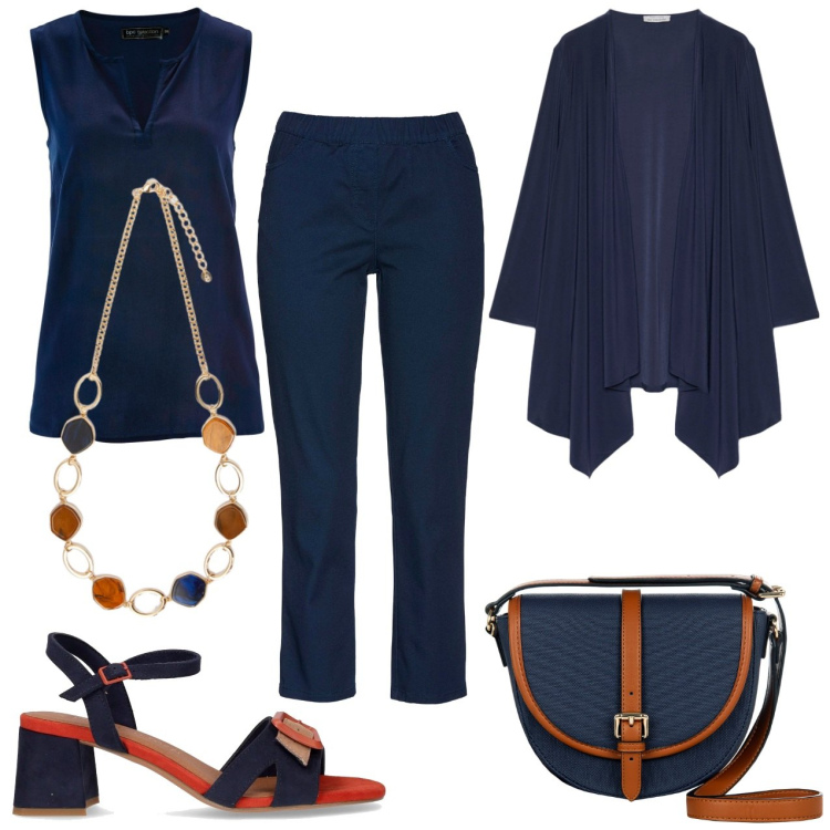 Outfit donna - Blu con stile. Stile Casual per Tutti i giorni. Abbinamento con pantaloni, top, borse a tracolla, collane, blazer, sandali col tacco.