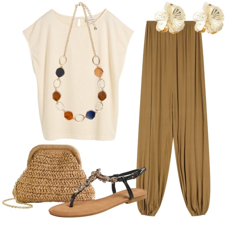 Outfit donna - Tessuti morbidi e linee fluide. Stile Casual chic per Serata fuori. Abbinamento con maglieria, borse a tracolla, sandali gioiello, tute, orecchini, collane.