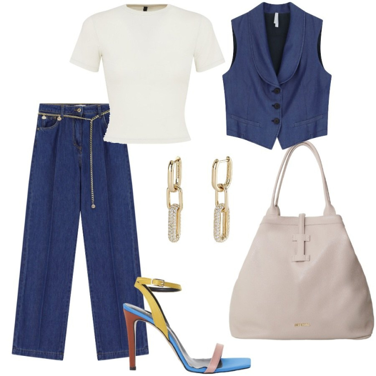 Outfit donna - Pranzo aziendale. Stile Casual chic per Ufficio. Abbinamento con orecchini, jeans, gilet, borse tote, sandali col tacco, t-shirt.