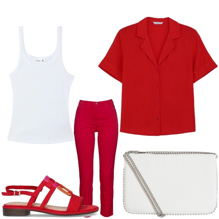 Outfit donna - Bianco, rosso e .... Stile Casual chic per Ufficio. Abbinamento con pantaloni, camicie a manica corta, borse a tracolla, canottiere, sandali.