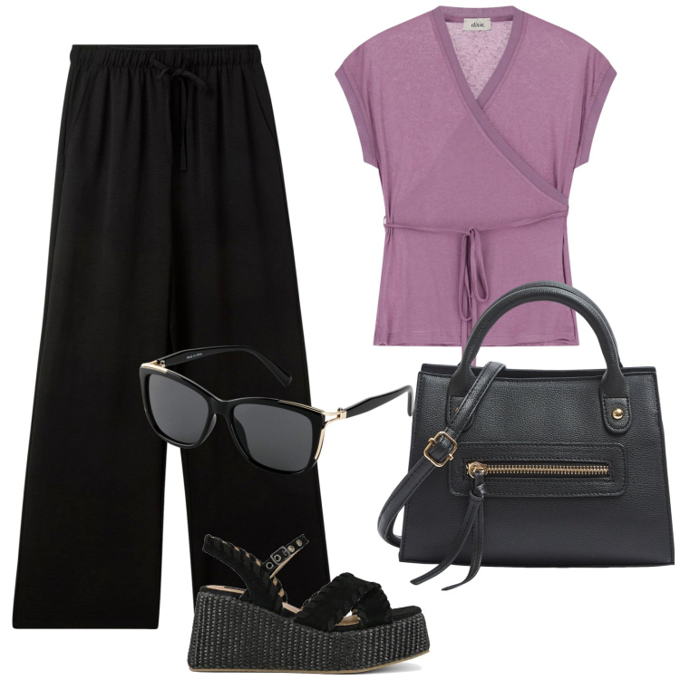 Outfit donna - Poco formale in ufficio. Stile Casual per Ufficio. Abbinamento con occhiali da sole, pantaloni, borse a mano, top, zeppe.