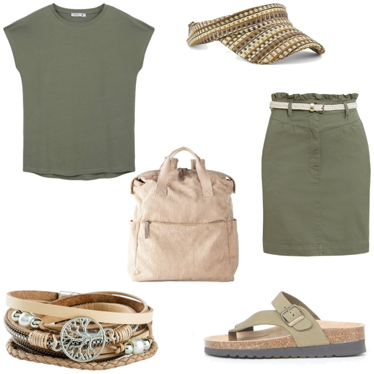 Outfit donna - Visitando roma. Stile Casual per Tutti i giorni. Abbinamento con braccialetti, zaini, minigonne, t-shirt, cappelli con visiera, ciabatte.