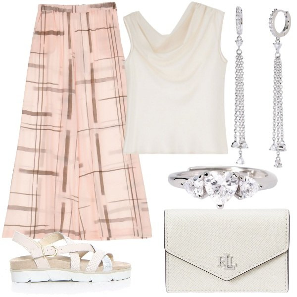 Outfit donna - Imperial Summer Sale SS25. Stile Glamour per Serata fuori. Abbinamento con orecchini, anelli, pantaloni a palazzo, top, portafogli, sandali.