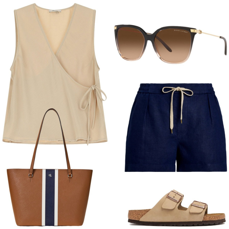 Outfit donna - Vacanze in totale relax. Stile Casual per Tutti i giorni. Abbinamento con top, occhiali da sole, borse tote, minigonne, sandali in pelle.