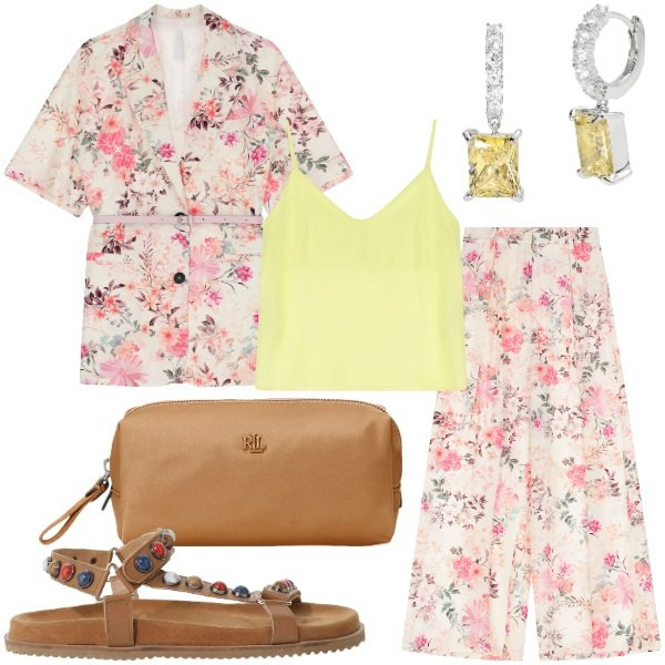 Outfit donna - Imperial Sale SS25. Stile Glamour per Cerimonia. Abbinamento con orecchini, blazer, pantaloni a palazzo, canottiere, sandali, pochette.