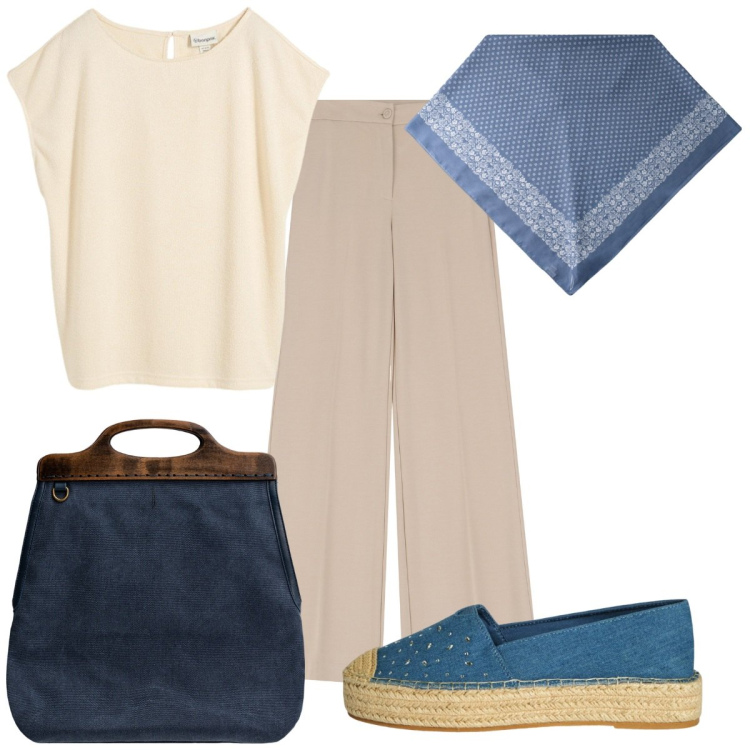 Outfit donna - Total look #2205191. Stile Trendy per Tutti i giorni. Abbinamento con maglieria, espadrillas, pantaloni, borse a tracolla, foulard.