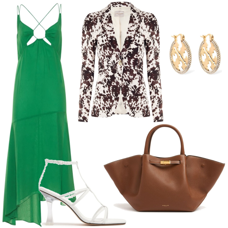 Outfit donna - Verde e maculato la sera. Stile Glamour per Serata fuori. Abbinamento con blazer, vestiti midi/longuette, orecchini, shopping bag, sandali in pelle.