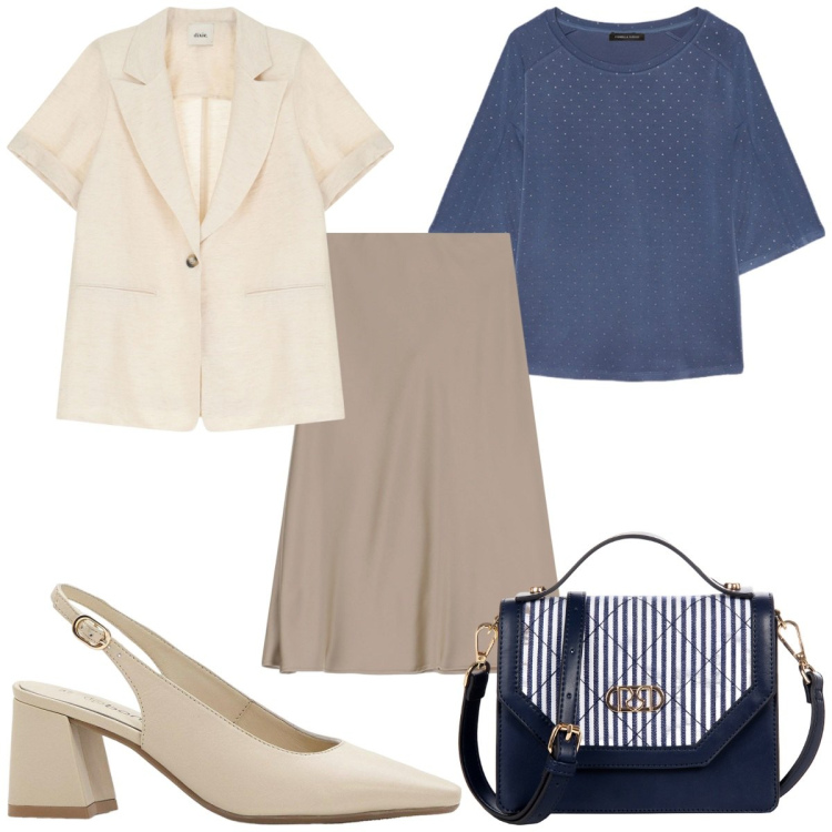 Outfit donna - Total look #2205194. Stile Trendy per Ufficio. Abbinamento con décolleté, borse a mano, gonne longuette, blazer, felpe.