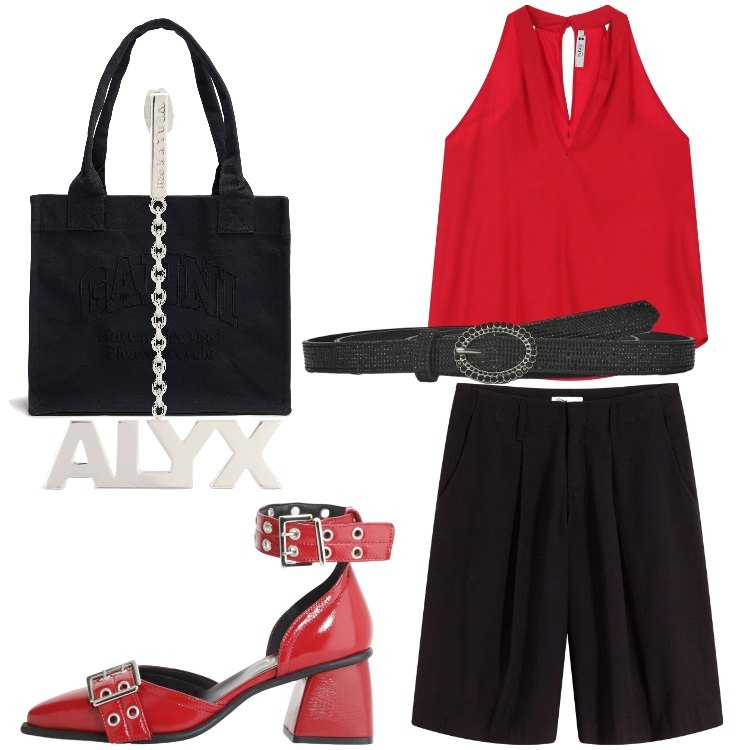 Outfit donna - I bermuda una scelta comoda e di stile. Stile Trendy per Serata fuori. Abbinamento con bermuda, cinture, top, décolleté, shopping bag, orecchini.