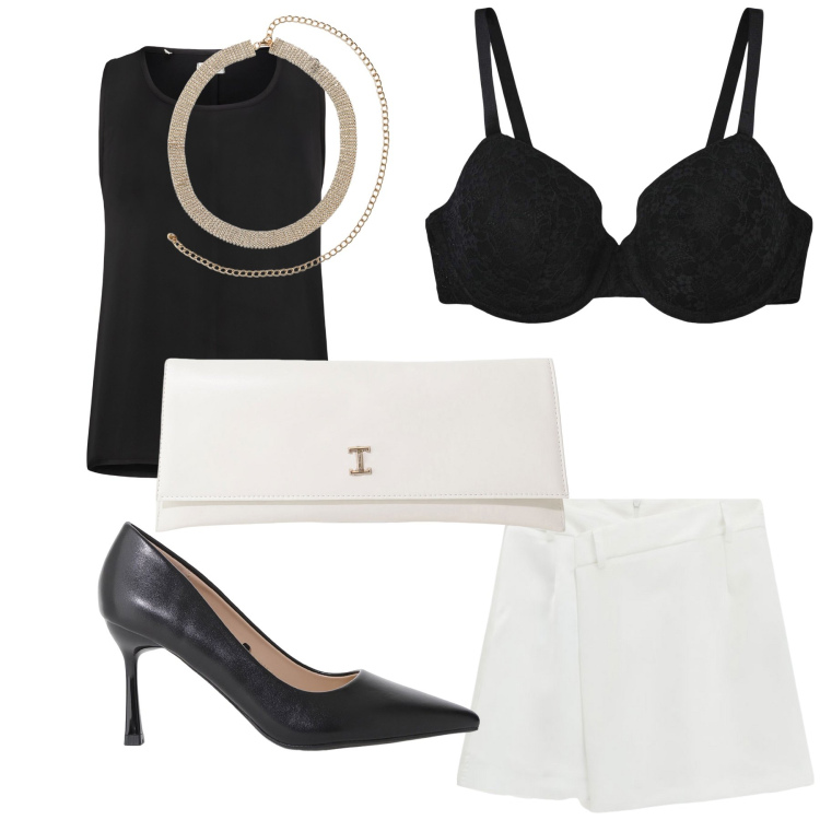 Outfit donna - Black and white forever. Stile Bon Ton per Ufficio. Abbinamento con reggiseni, collane, décolleté, minigonne, pochette, top.