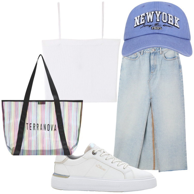 Outfit donna - Tardo pomeriggio con due passi. Stile Casual per Tutti i giorni. Abbinamento con sneakers, canottiere, cappelli, shopping bag, gonne lunghe.