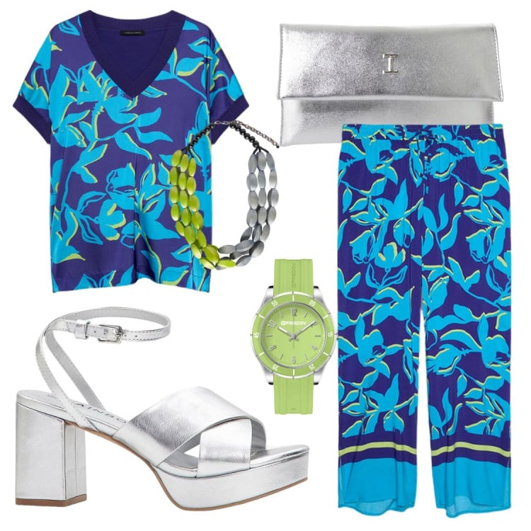 Outfit donna - Una serata in giardino. Stile Casual per Serata fuori. Abbinamento con sandali col tacco, pochette, orologi, pantaloni a palazzo, bluse, collane.