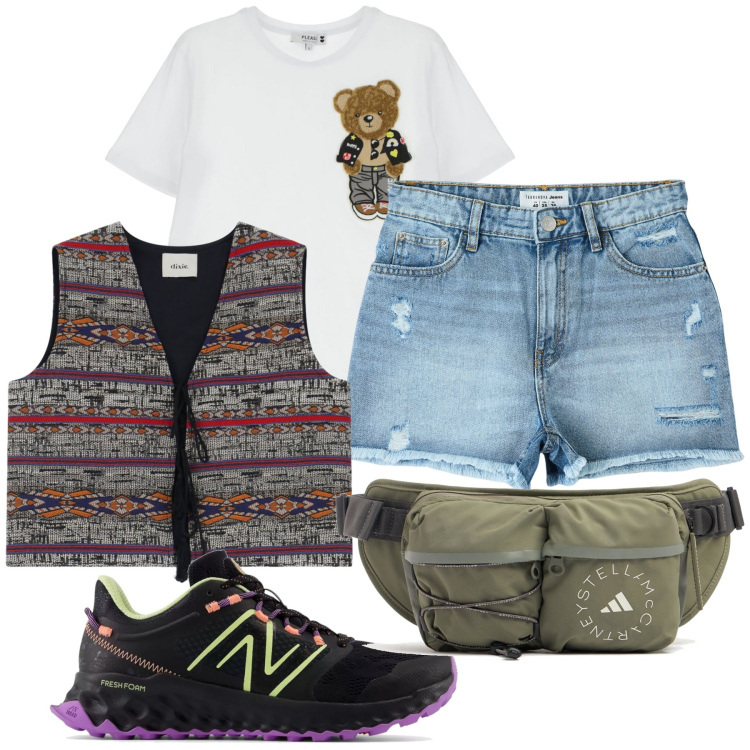 Outfit donna - Oggi sono una girl. Stile Preppy per Tutti i giorni. Abbinamento con shorts, sneakers, t-shirt, gilet, marsupi.