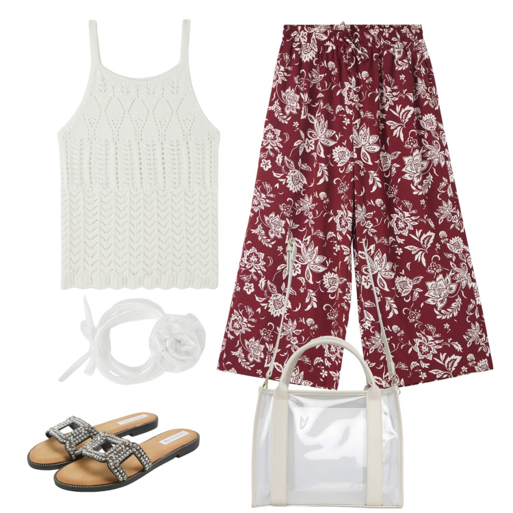 Outfit donna - Saldi terranova. Stile Casual chic per Tutti i giorni. Abbinamento con ciabatte, borse tote, collane, pantaloni a palazzo, top.