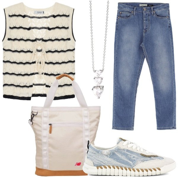Outfit donna - Please Sale SS25. Stile Casual chic per Tutti i giorni. Abbinamento con collane, shopping bag, top, jeans, sneakers.