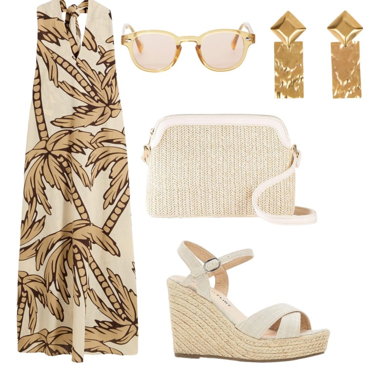 Outfit donna - Avana. Stile Casual per Mare. Abbinamento con vestiti, sandali, borse a tracolla, occhiali da sole, orecchini.