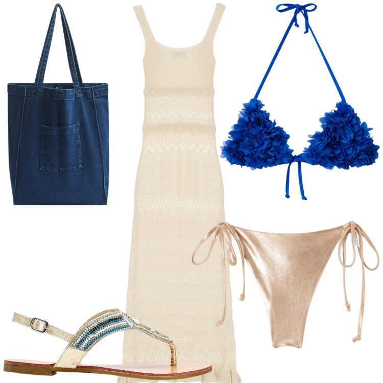 Outfit donna - Total look #2205220. Stile Etnico per Mare. Abbinamento con ciabatte, bikini, bikini, shopping bag, vestiti midi/longuette.