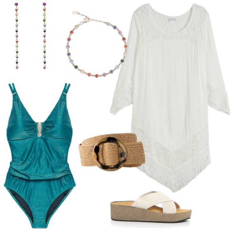 Outfit donna - Wow, curvy in spiaggia!. Stile Casual chic per Mare. Abbinamento con vestiti da spiaggia, cinture, orecchini, braccialetti, costumi interi, ciabatte.