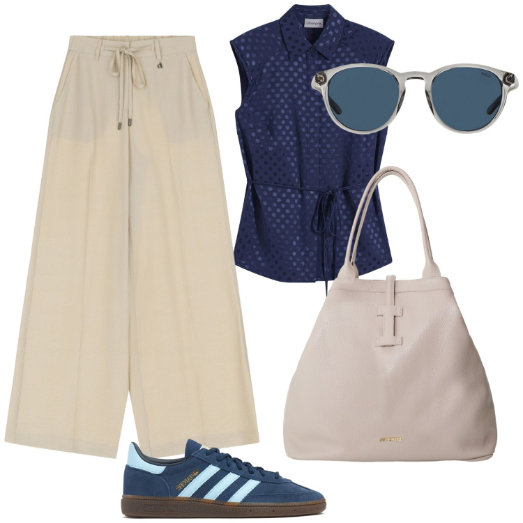 Outfit donna - Sabbia e Blu. Stile Casual per Tutti i giorni. Abbinamento con bluse, borse tote, pantaloni, occhiali da sole, sneakers.
